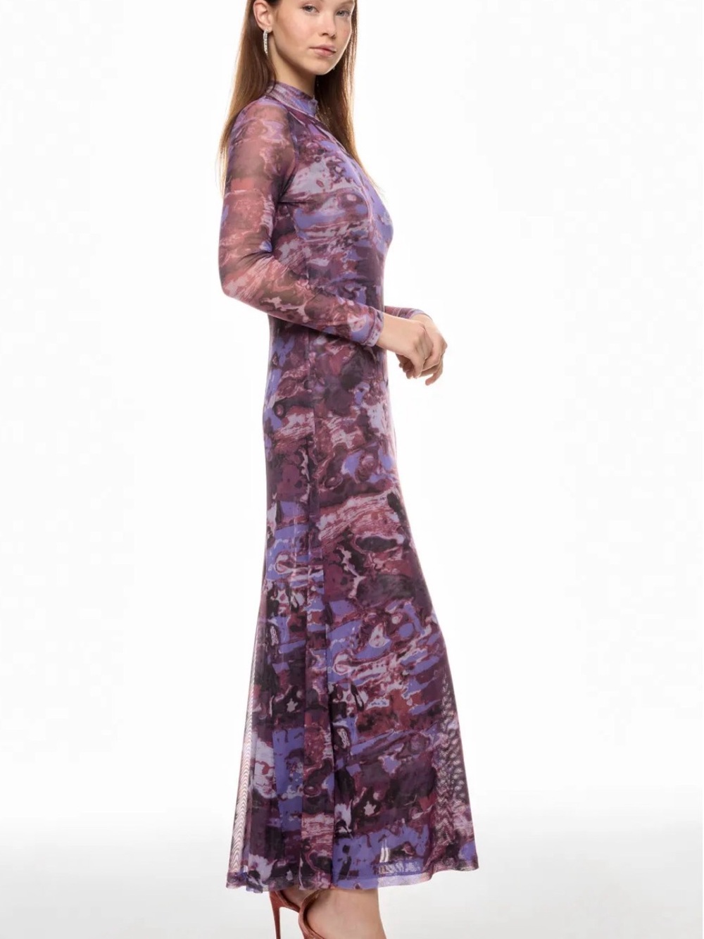 Ronny Kobo Mesh Purple Marble-Print Long Sleeve Maxi Dress